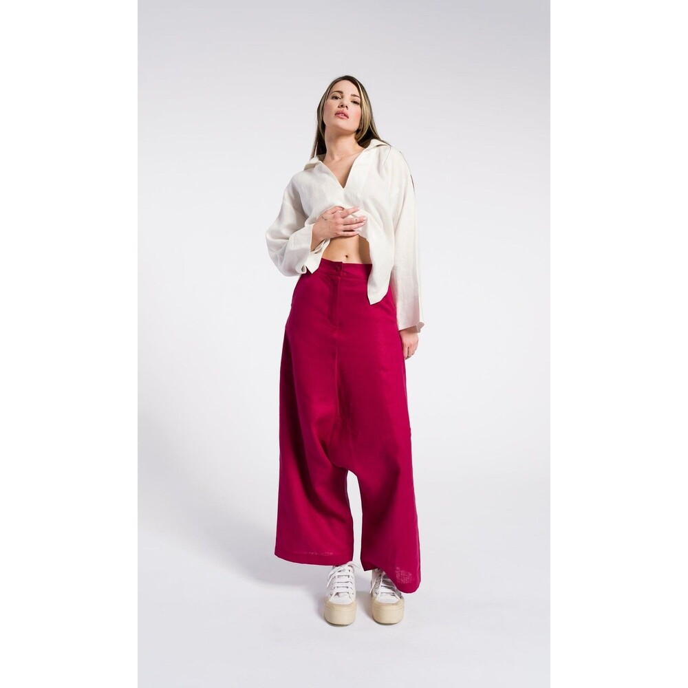 AAKASHA BOHO LINEN DROP CROTCH PANTS In White Small Art To Wear Lagenlook $155
